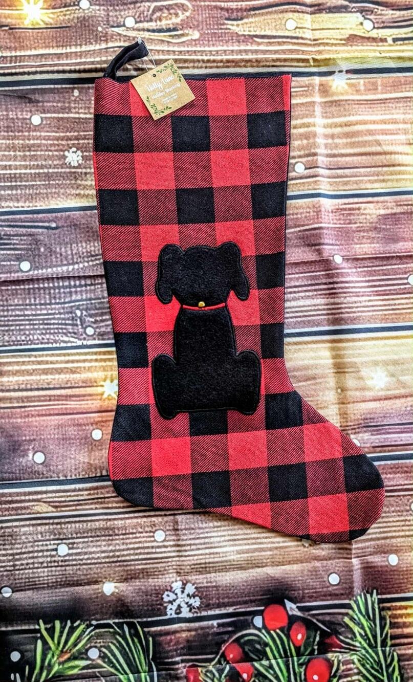 NEW Red Black Buffalo Plaid Puppy Dog Christmas Stocking With Bell Holiday